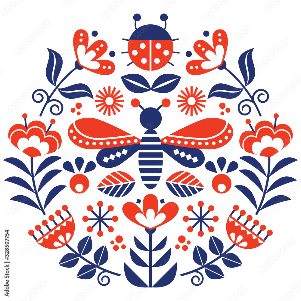 Plakat Scandinavian folk flowers vector design, cute spirng floral pattern with bugs, ladybird and fly inspired by traditional embroidery from Sweden, Norway and Denmark