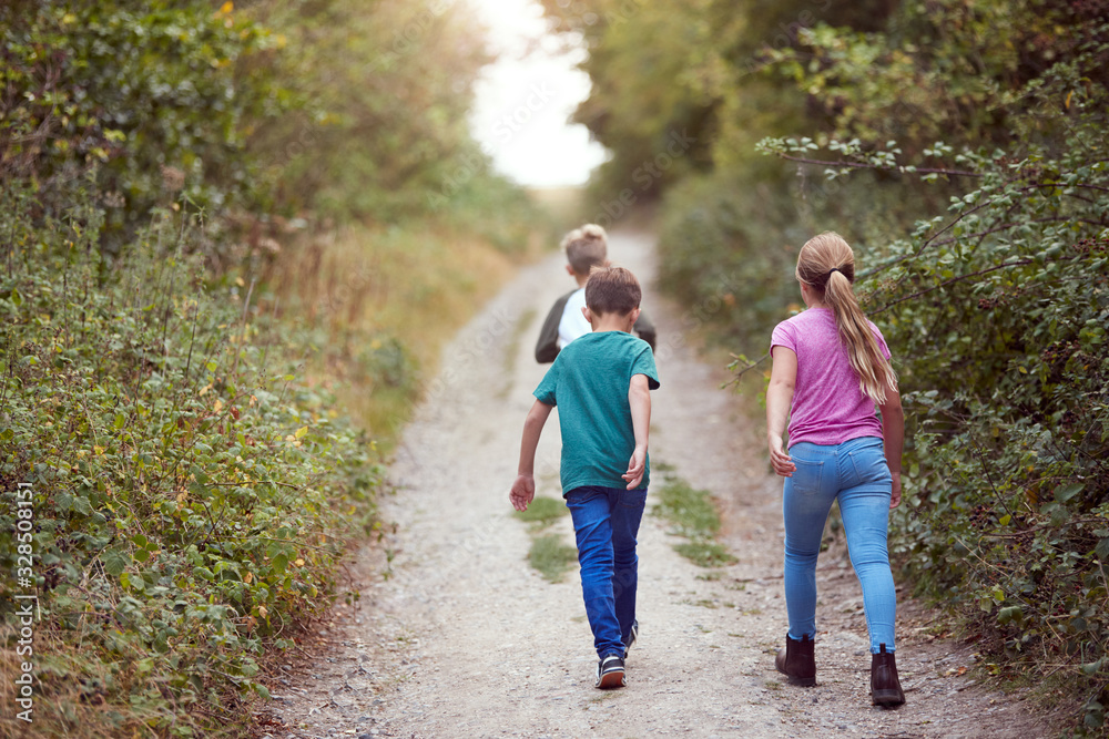 Rear View Of Children On Outdoor Activity Camping Trip Walking Along Countryside Path