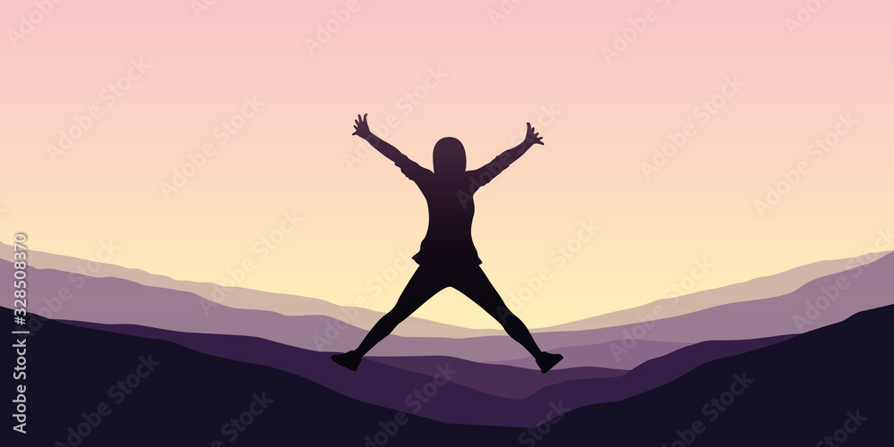 happy girl with raised arms jumps at purple mountain landscape vector illustration EPS10