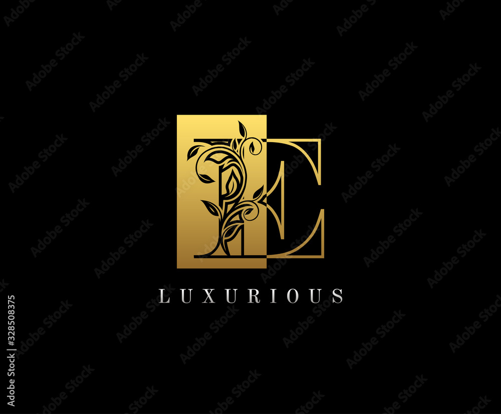 Gold Letter E Logo. E Letter Design Vector with Golden Colors and Floral Hand Drawn.