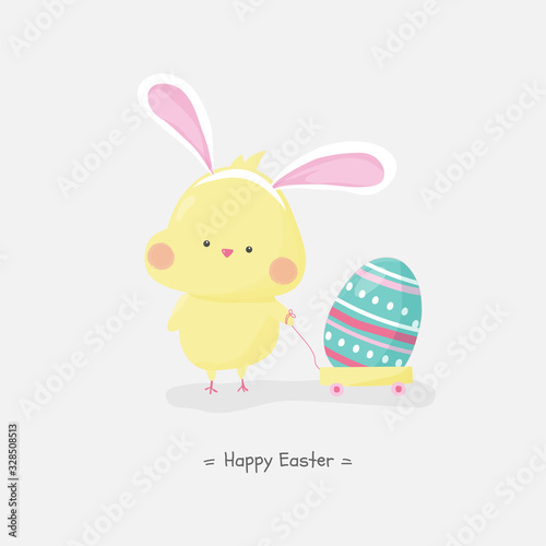 Easter egg hunt poster invitation template vector in pastel color. Cute hand drawn Chicken wearing  bunny ear drag a cart with easter egg. Happy easter holliday banner.