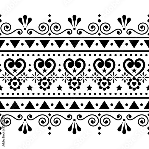 Scandinavian seamless vector pattern folk art style, monochrome repetitive cute Nordic design with hearts, flowers, swirls and geometric shapes
