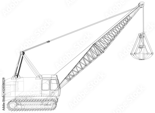 Mining machine. The machine of quarry mining works. The layers of visible and invisible lines are separated. Wire-frame outline.