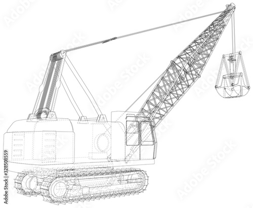 Dragline. The layers of visible and invisible lines are separated. EPS10 format. Wire-frame.