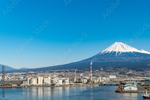 on a sunny winter day, from tagonoura port to the industrial area of fuji city and mt.fuji,