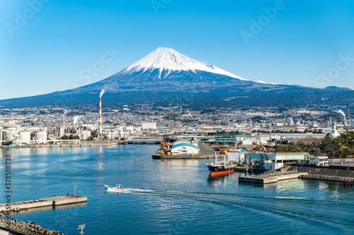 on a sunny winter day, from tagonoura port to the industrial area of fuji city and mt.fuji,