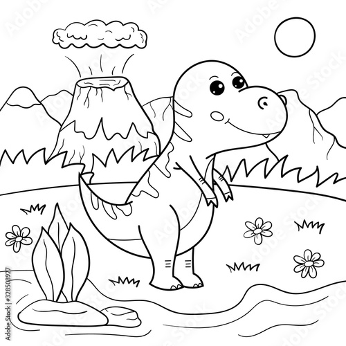 Coloring page for children. Outline cartoon Tyrannosaurus dinosaur vector character. Educational creative game.
