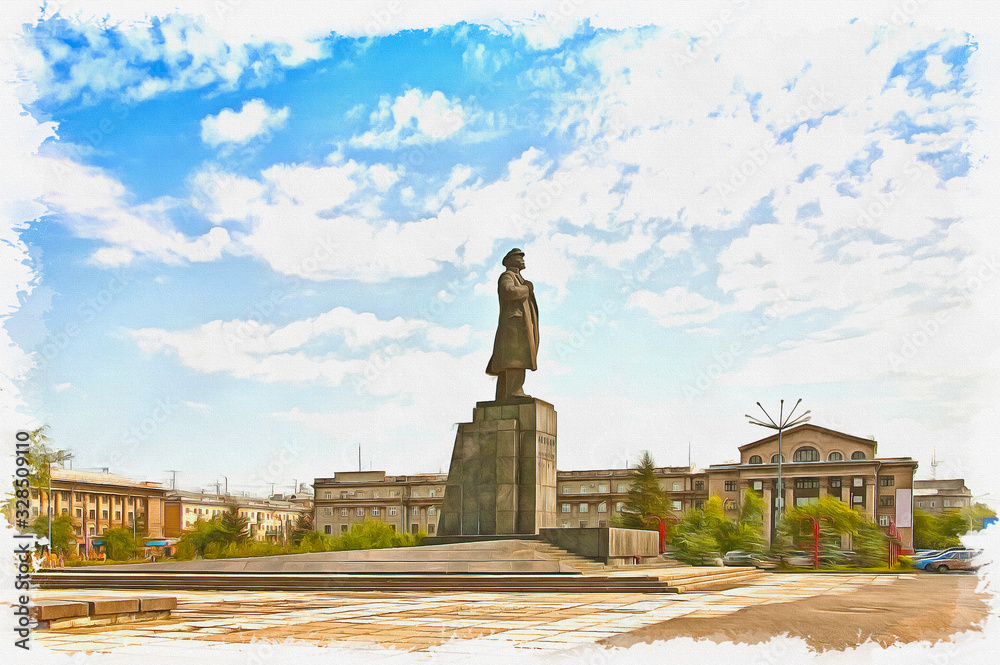 Obraz premium Imitation of a picture. Oil paint. Illustration. Krasnoyarsk, Lenin monument