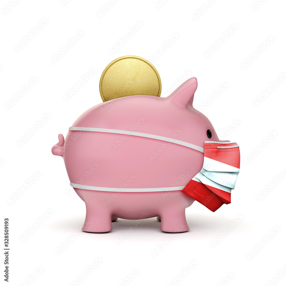 Fototapeta premium Austria healthcare savings. Piggy bank with face mask. 3D Render