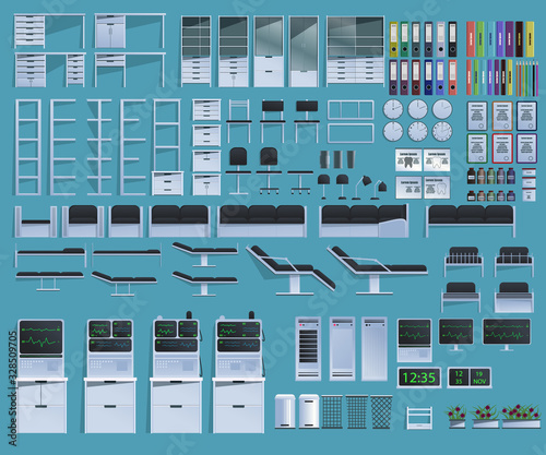 Furniture, items and equipment for the hospital. Vector.