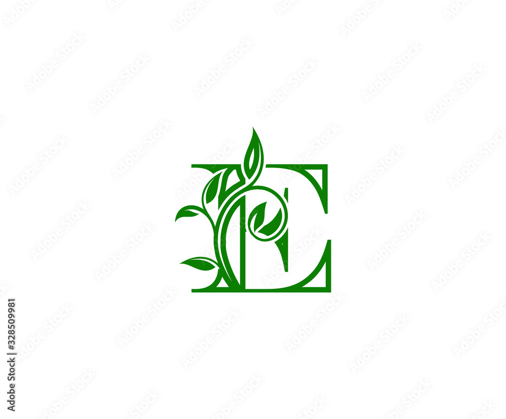 Letter E Logo. E Letter Design Vector with Green Color and Floral Hand Drawn Green Leaves.