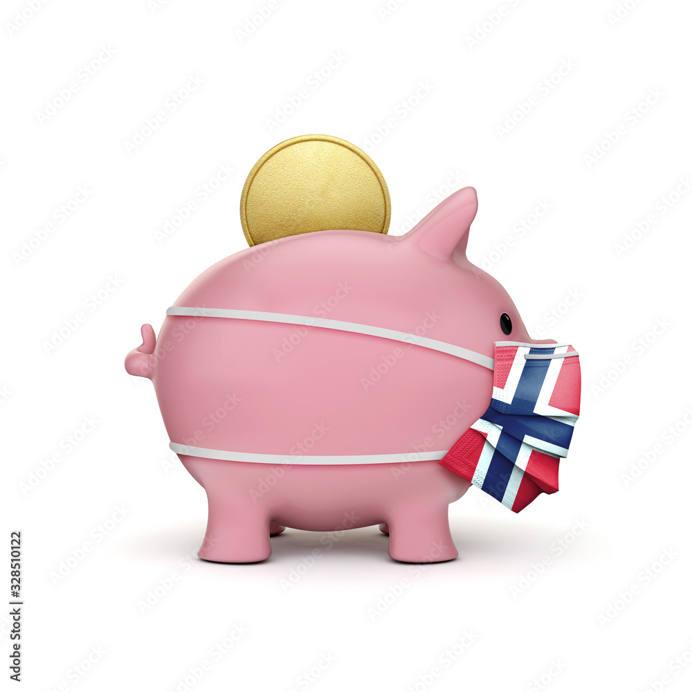 Fototapeta premium Norway healthcare savings. Piggy bank with face mask. 3D Render