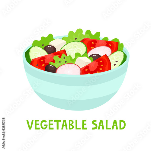 Bright vector illustration of colorful salad bowl.