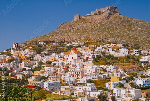 The town of Agia Marina with the ancient Venetian castle in background. Leros island Dodecanese islands, Greece.