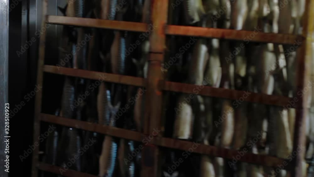 Fish processing plant. Fish of hot smoked. Fish processing plant. Sea food manufacture, fish farm factory, processing fish at food factory Fish processing plant. Fish of hot smoked. Fish processing plant. Sea food manufacture, fish farm factory, processing fish at food factory
