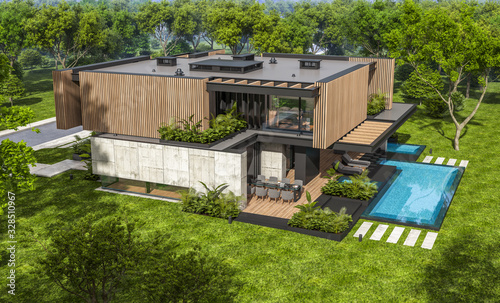 3d rendering of modern cozy house with parking and pool for sale or rent with wood plank facade and beautiful landscaping on background. Clear sunny summer day with blue sky.