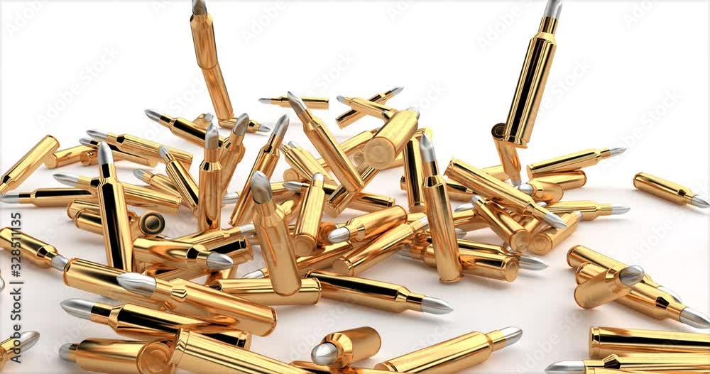 Bullets fall in a pile.. 3d shot on golden backdrop. Macro shot ...