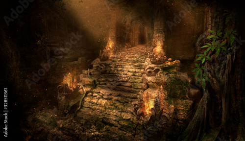 Canvas Print The ancient ruins of the temple in the jungle, lit by the rays of the sun, an old stone covered with roots and moss, along the stairs leading to the entrance fire burns