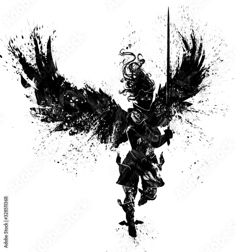 The silhouette of an angel of a woman flying forward with a sword at hand in her hands  in a dynamic pose  her large wings spread wide. Drawn with blots and texture strokes. 2d illustration.