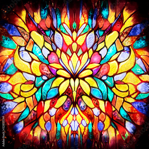 Beautiful rich multicolored stained glass window with the image of a flower  symmetrical  with lots of colors . 2D illustration.