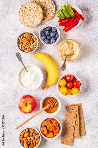 Healthy snack concept, top view.