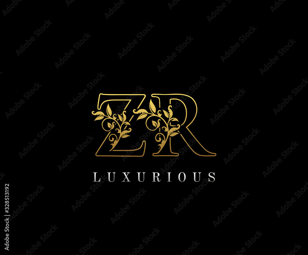 Golden Elegant letter Z, R and ZR. Graceful royal style. Calligraphic beautiful logo. Vintage drawn emblem for book design, weeding card, brand name, business card, Restaurant, Boutique, Hotel. 