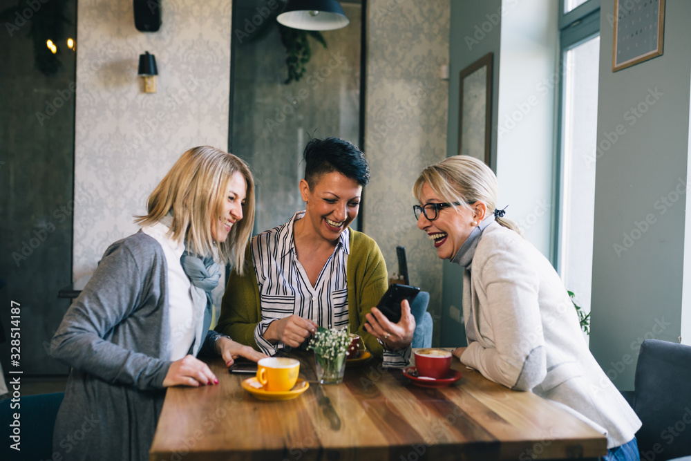 woman friends on coffee break at cafe, using mobile phone woman friends on coffee break at cafe, using mobile phone