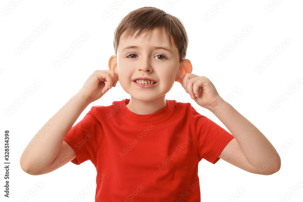 Funny grimacing little boy on white background Funny grimacing little boy on white background