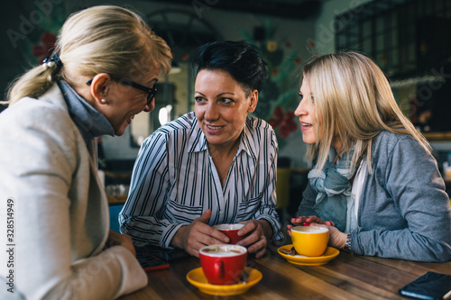 woman friends on coffee break at cafe talking photo