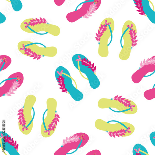 Flip flop shoe on beach seamless vector pattern background. Elegant sandals and flowers oceanside backdrop. Tropical colors. Hot summer all over print. For seaside wedding and honeymoon resort concept