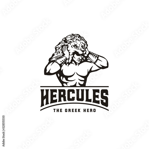 Hercules Heracles Lion Headdress, Muscular Myth Greek Warrior Vintage Retro Logo design photo