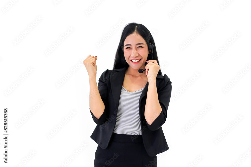 Happy smiling asia woman call center business on white background,Office and business concept. Happy smiling asia woman call center business on white background,Office and business concept.