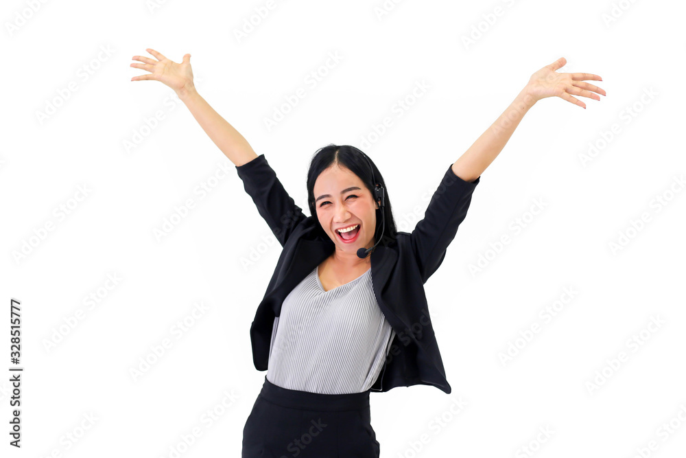 Happy smiling asia woman call center business on white background,Office and business concept. Happy smiling asia woman call center business on white background,Office and business concept.
