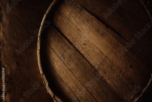 Beer barrel close-up. Oak barrel texture
