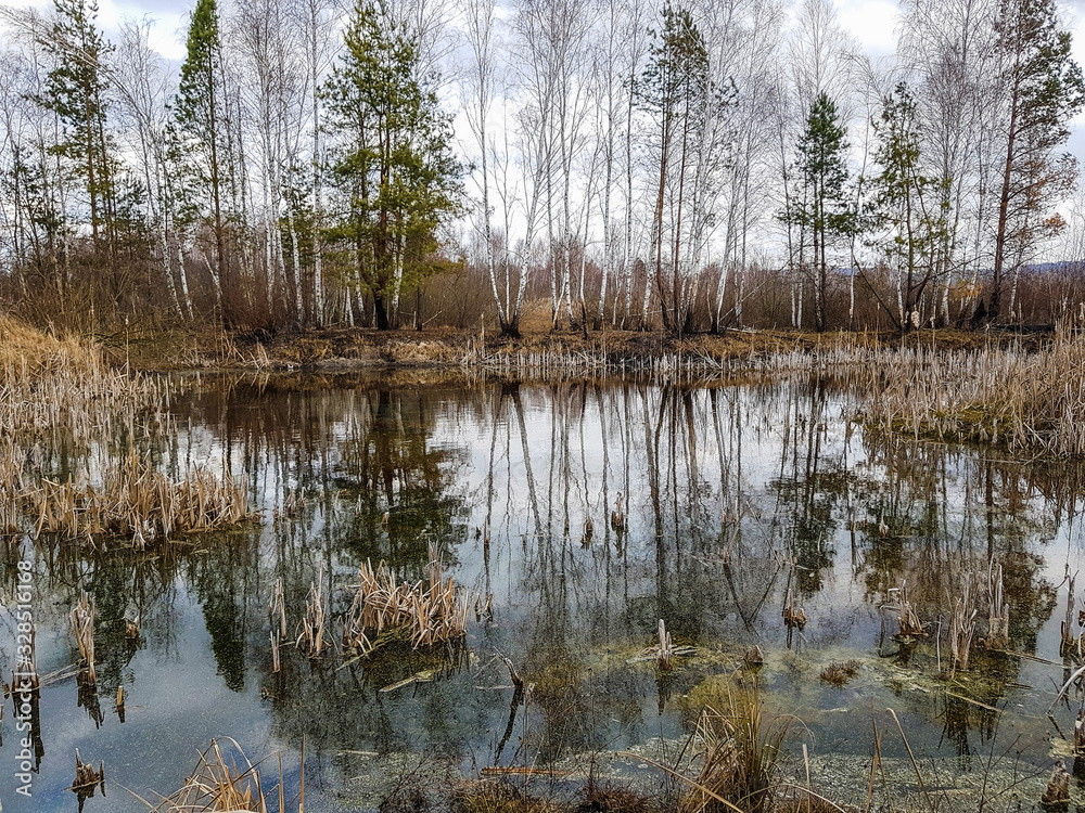 Beautiful lake in the early spring forest with reflection trees and blue sky on the water surface. Beautiful lake in the early spring forest with reflection trees and blue sky on the water surface.