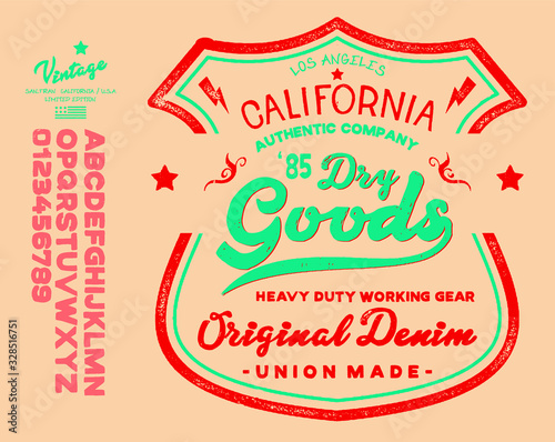 Vector illustration on the theme of denim, raw and jeans in New York City. Vintage design. Grunge background. Typography, t-shirt graphics, print, poster, banner, flyer, postcard.Handmade Vintage Font