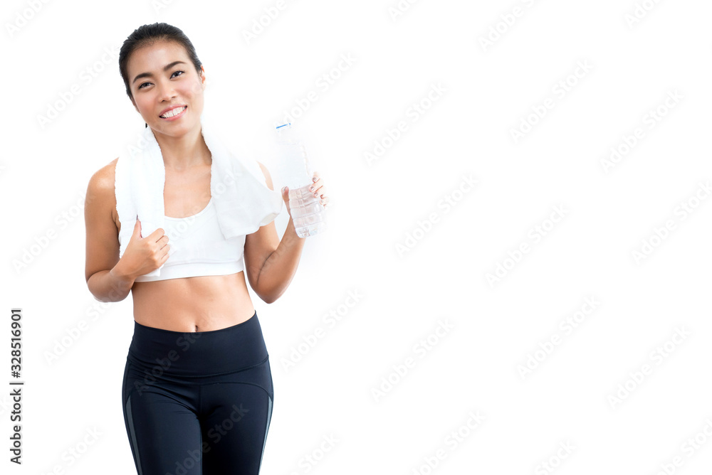 a beautiful asian sporty woman wear black and white outfit standing and posing with fresh cold water bottle on white background.portrait of fitness healthy asian lady with drink a beautiful asian sporty woman wear black and white outfit standing and posing with fresh cold water bottle on white background.portrait of fitness healthy asian lady with drink