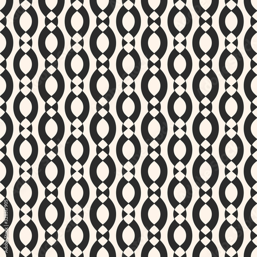 Vector geometric seamless pattern with smooth ovate shapes, chains, ropes, vertical bands. Elegant abstract monochrome background texture, repeat tiles. Black and white design for decor, fabric, cloth