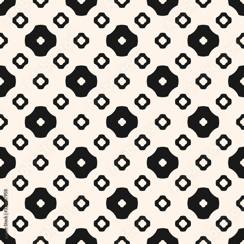 Vector geometric seamless pattern. Simple abstract minimalist background with different floral shapes, hollow rounded crosses. Black and white repeat texture. Universal design for decoration, textile