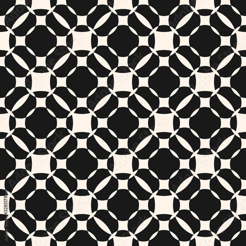 Vector grid seamless pattern, geometric texture with circular shapes, perforated surface. Monochrome illustration of mesh, lattice. Simple repeat black and white abstract background. Decorative design