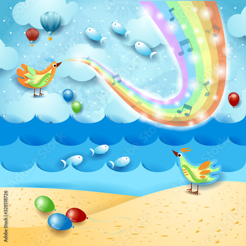 Fantastic seascape with music, birds and rainbow colors