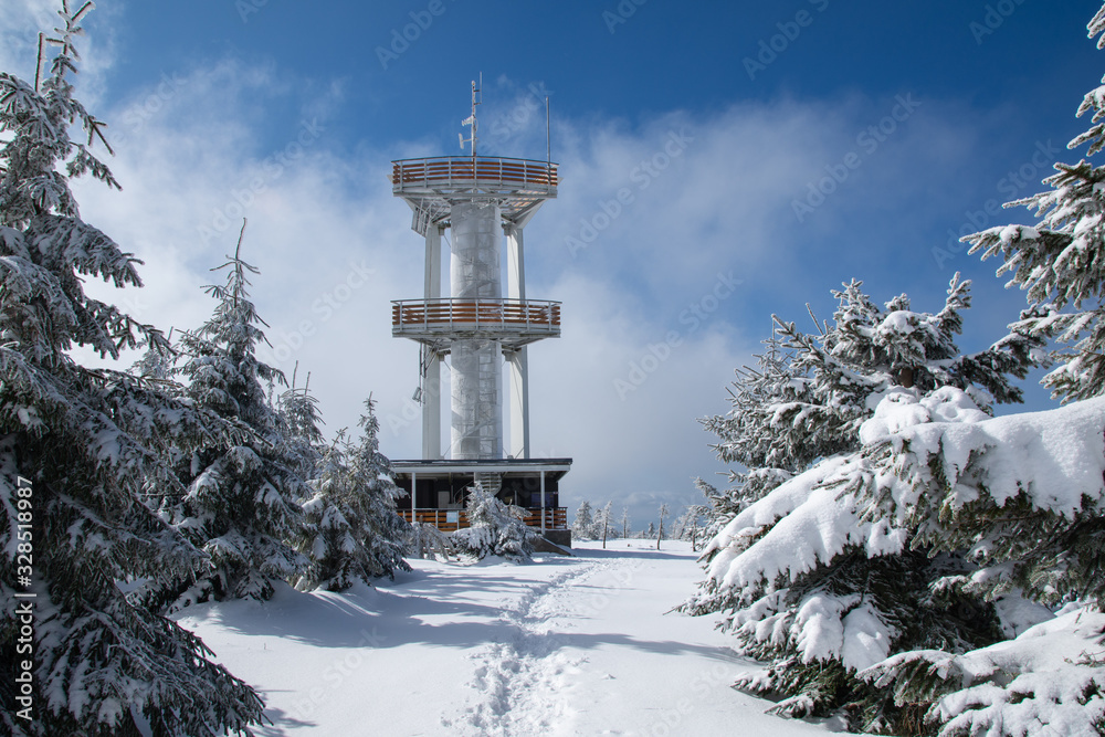 Jizera Mountains - observation tower on the summit of Smrk 1224 m above sea level Jizera Mountains - observation tower on the summit of Smrk 1224 m above sea level