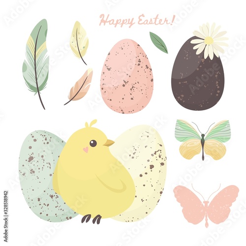 Happy Easter set - flowers and eggs, butterfly, chicken. Greeting card. The symbol of spring. Vector illustration.