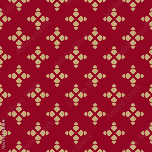 Golden floral geometric seamless pattern. Gold and burgundy color. Vector abstract background with simple small flowers, petals, leaves. Elegant texture in Asian style. Repeat design for decor, fabric