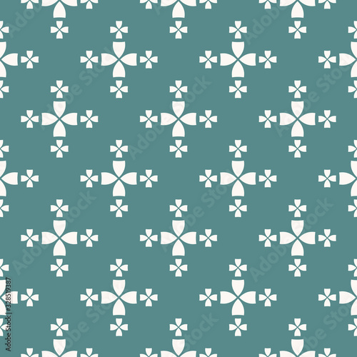 Simple minimalist floral texture. Geometric seamless pattern with small flower silhouettes, petals, leaves, crosses. Vector abstract background. Turquoise green and white ornament. Repeating design