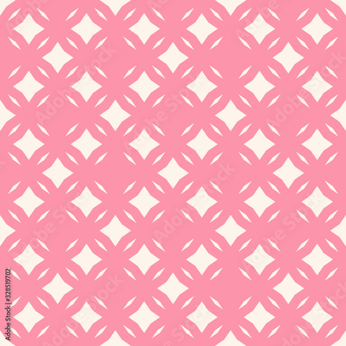 Vector abstract floral seamless pattern. Diamond grid ornament. Subtle ornamental background. Pink and white color. Simple geometric texture with rhombuses, lines, tiles. Elegant repeatable design