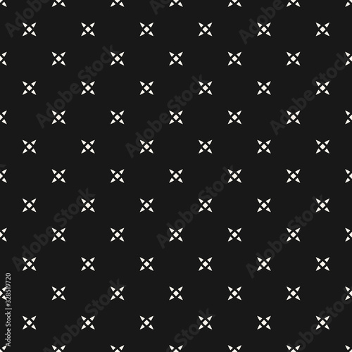 Vector minimalist floral seamless pattern. Simple black and white abstract geometric background with small flowers, crosses, tiny stars. Subtle minimal monochrome ornament texture. Dark repeat design