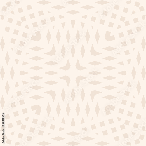 Abstract geometric seamless pattern. Wicker texture. Simple vector background with small shapes, crossing lines, rhombuses, grid, mesh, lattice. Subtle minimalist design in soft pastel beige colors