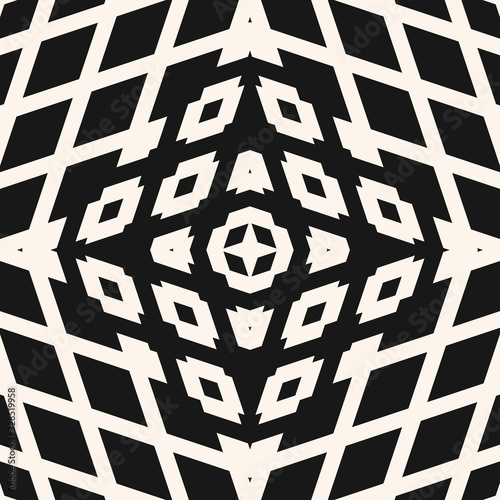 Vector geometric seamless pattern. Abstract black and white ornament with simple geometrical shapes, diamonds, stars, rhombuses, grid, net, lattice. Stylish dark background. Modern repeat geo design