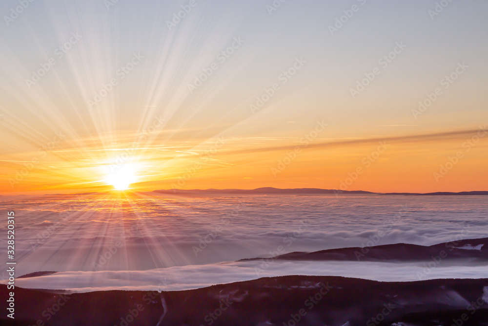 view to sunrise with inversion from the higest mountain of Czech Republic- Snezka.